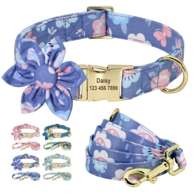 Floral Personalized Dog Collar with Lead set Custom Engraved ID Tag Name Plate - image 1 of 4
