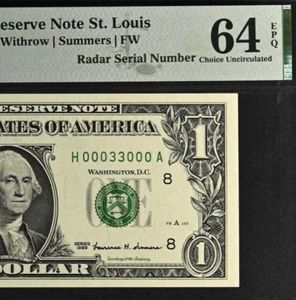 1999 $1 FRN PMG 64EPQ birthday super radar serial number 00033000 - Picture 1 of 3