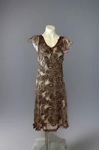 Sunny Leigh Dress Women's Size 8 Brown Paisley Print 100% Silk Short flow Sleeve - Picture 1 of 9