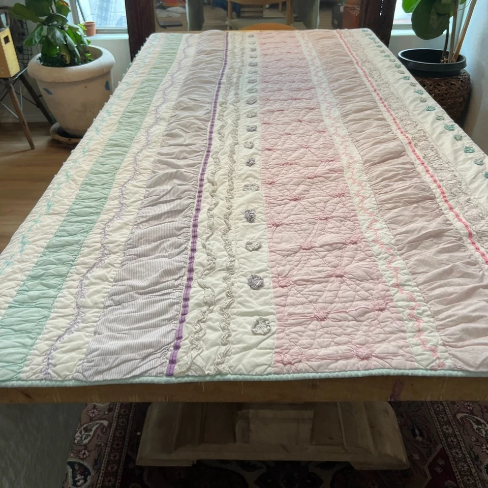 Pottery Barn Kids Full Queen Quilt Bailey Striped Textured Pastel Colors - Image 1 of 4