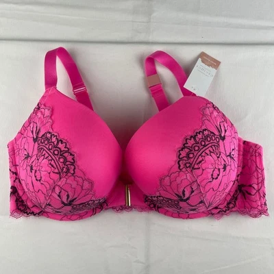 Бюстгальтер Cacique Modern Boost Plunge 42DDD ярко-розовый черный кружевной передний закрытый - Изображение 1 из 4