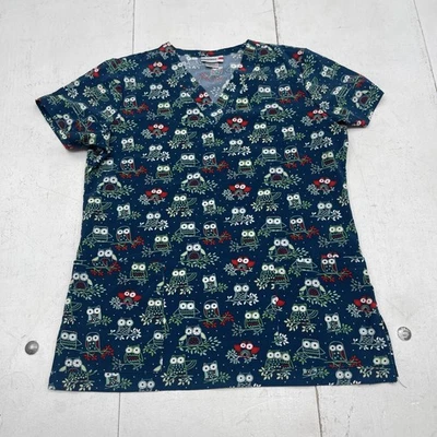 White Cross Scrub Top Womens XS Navy Owl Print V-Neck Stretch Pockets 1078224 - Image 1 of 4