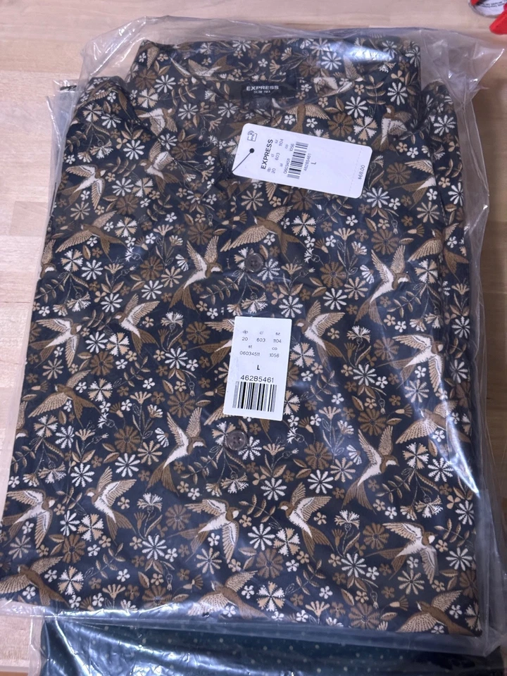 Camisa Express Slim 1MX Manga Larga Con Botones Para Hombre, Grande, Negra, Pájaros, Floral Foto 1 de 1