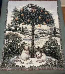 Tapestry Throw Blanket Pure Country Weavers Winter Scene Holiday Rabbits Bird - Picture 1 of 7