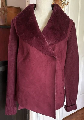 NYC Sweater Cardigan Womens M Maroon Faux Fur Suede Cozy Wrap Jacket Asymmetric - Image 1 of 4