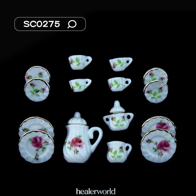 15PC/SET Dollhouse Miniature 1:12 Peony Flower Ceramic Tea Set Villa Ornament - Image 1 of 1