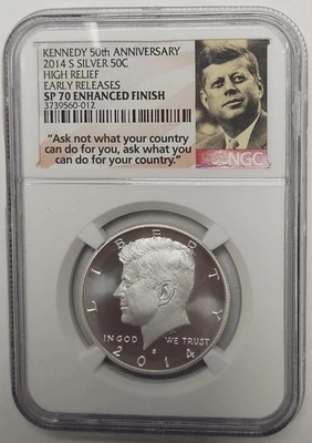 2014 S Silver Kennedy 50th Anniversary High Relief NGC SP 70 Enhanced Finish - Image 1 of 4
