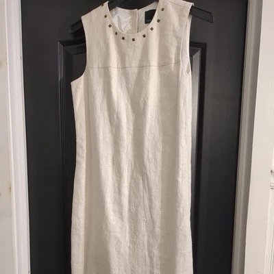 Vestido Vaina Cynthia Rowley Crema Lino + Hilo Metálico Entretejido 4 Sin Mangas Foto 1 de 4