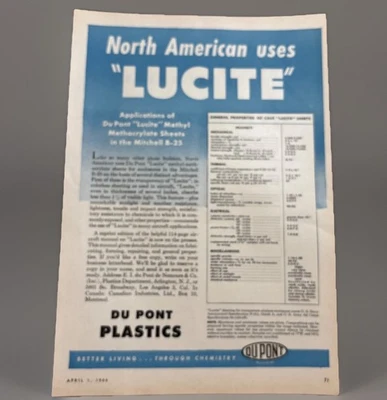 "Anuncio Lucite de DuPont Plastics 1944 usado en Mitchell B25 de Aero Digest 7,75 x 11""" Foto 1 de 3