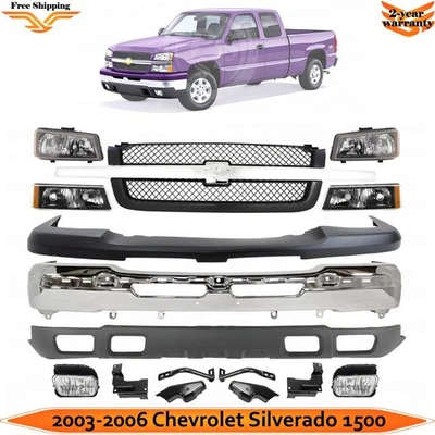 Front Bumper Chrome & Headlights Kit For 2003-2006 Chevrolet Silverado 1500 - Imagem 1 de 4