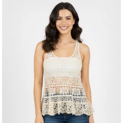 Embroidered Boho Crochet Lace Tank Top Ivory Sheer Peplum Ruffle Festival Med - Image 1 of 4