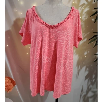 Fresh Produce Ruffle Animal Print Top 2X Bright Neon Pink Short Sleeve Leopard - Image 1 of 4