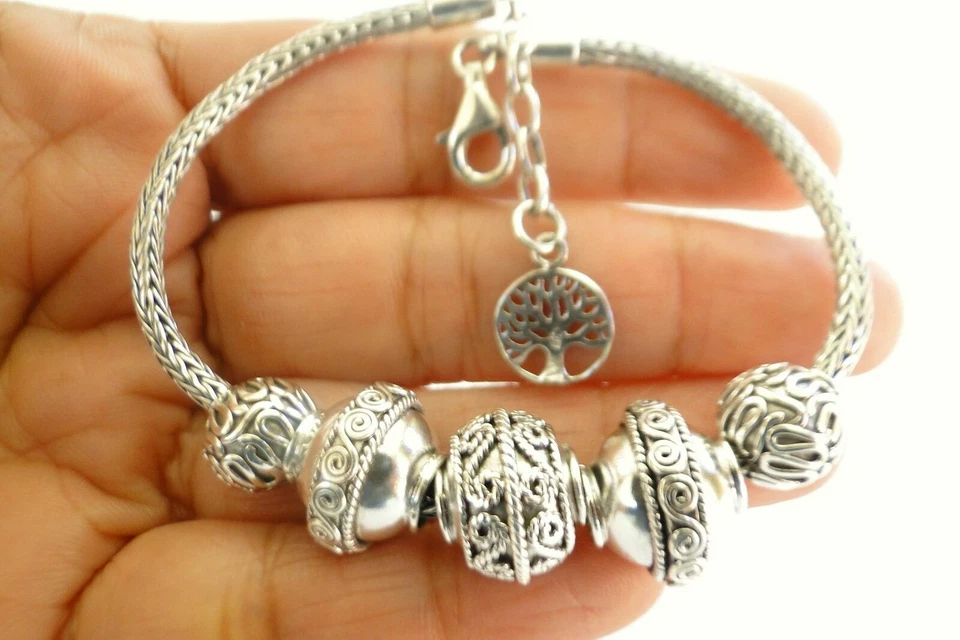 Ornate Balinese No Stone Tree of Life 925 Sterling Silver Beads Chain Bracelet - Image 1 of 4