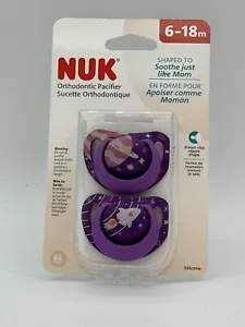 2 Pack NUK Silicone Pacifiers 6-18 Months Purple Stars Breast Like Orthodontic - Picture 1 of 3