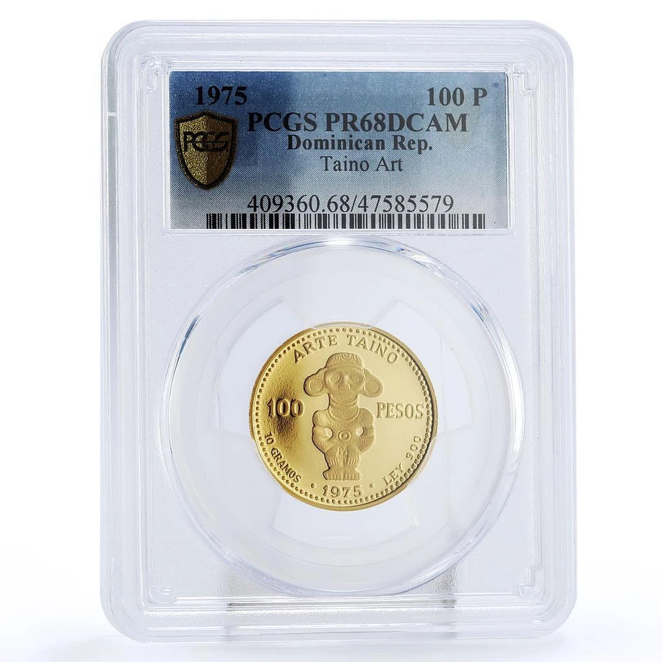 Dominican Republic 100 pesos Pueblo Viejo Mine Taino Art PR68 PCGS Au coin 1975 - Image 1 of 2