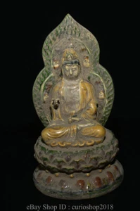 11 " China Tang Sancai Pottery Painting Buddhism Guanyin Buddha Lotus Statue - Picture 1 of 12