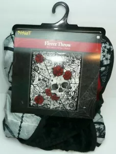 Gothic Skull Fleece Throw Blanket w/ Roses & Spider Web Horror Halloween Decor - Picture 1 of 5