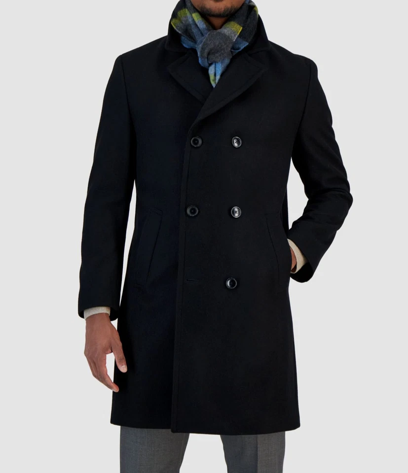 Nautica Mens Classic Fit Double-Breasted Wool Overcoat Black 38R