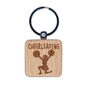 Cheerleading Cheerleader Fun Text Engraved Wood Square Keychain Tag Charm - Picture 1 of 6