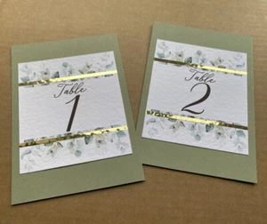 Hoja de eucalipto verde NÚMEROS DE MESA línea dorada tarjetas boda asientos decoración - Imagen 1 de 5