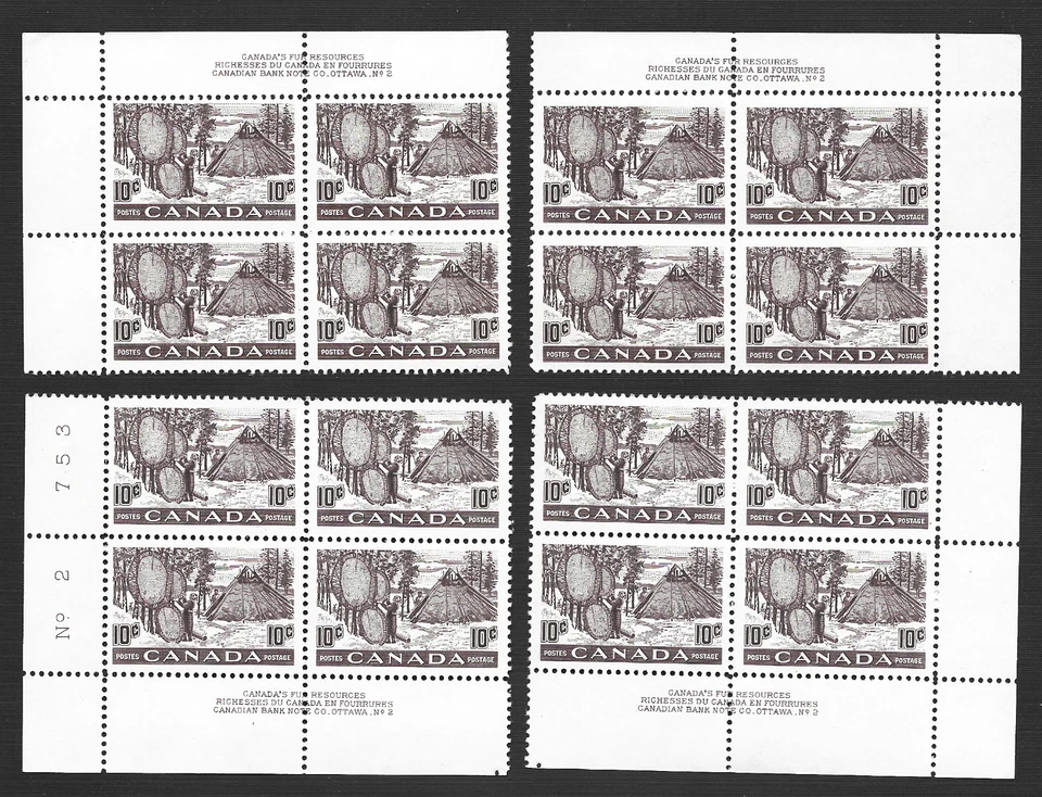 CANADA SC#301 FUR RESOURCES, DRYING SKINS, 4 CORNER PL. BL. #2  SET, MNH - Image 1 of 1