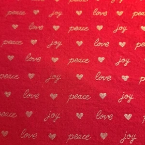 Christmas Red Gold Cotton Fabric 40" X 40"  Mini Print Love Peace Joy Quilting  - Picture 1 of 4