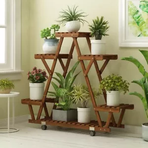 Triangular Plant Shelf 6 Potted Carbonized Wood Holder Flower Stand Display Rack - Picture 1 of 7