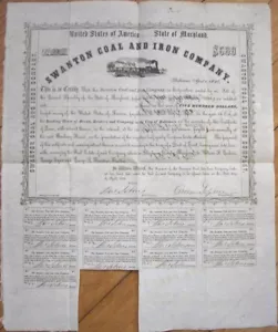 Swanton Coal and Iron Co. 1856 Mining Bond Certificato, Baltimora, Maryland MD - Foto 1 di 1
