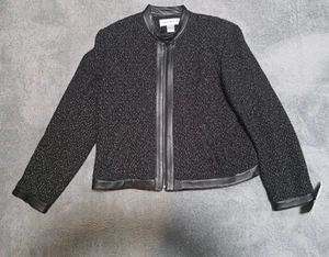 Vintage Jones New York Jacket Womens 14 Virgin Wool Leather Trim Full Zip - Picture 1 of 10