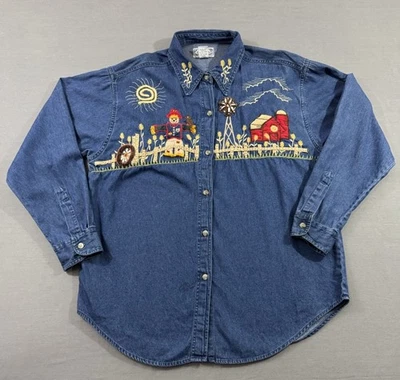 Carrie Allen XL Denim Shirt Harvest Scarecrow Farm Art to Wear Embroidered - Image 1 of 4