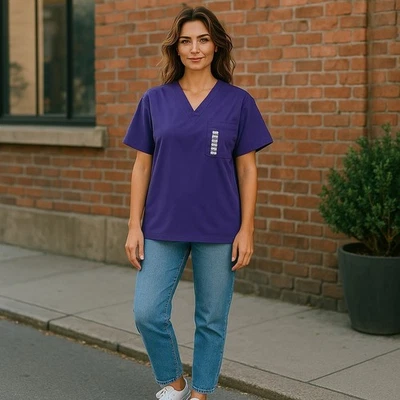 Cherokee Workwear Scrubs Unisex V Neck Top Purple large - Image 1 of 4