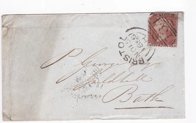 1855 QV 1d penique sello rojo en cubierta Bristol lateralmente dúplex a Guildhall ~ fallas Foto 1 de 3