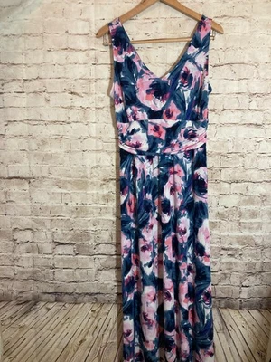 London Times макси платье женщин 10 темно-синий и розовый акварель цветочный собранными в Рюш драпированные - Изображение 1 из 4