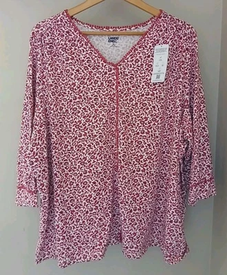 Top de algodão New Lands' End manga 3/4 plus size 3X 24 26 pompons florais rosa - Imagem 1 de 4