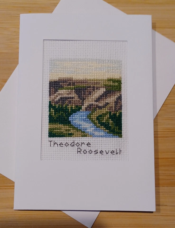 T Roosevelt National Park Finished X-stitch. White card, blank insert & envelope Foto 1 de 1
