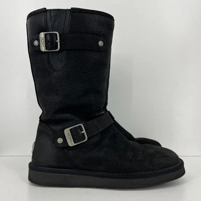 UGG Women's Sutter Moto Boot Black Leather Sheepskin Lined Size 9 Buckle - Image 1 of 4
