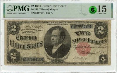 1891 $2 Silver Certificate Small Red Scalloped  Fr# 246 PMG CH F15 GCC Green - Image 1 of 2