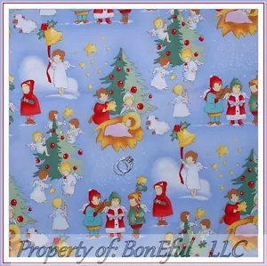 BonEful Fabric FQ Cotton Quilt VTG Baby Jesus Xmas Carol Tree Angel Manger Scene - Picture 1 of 5
