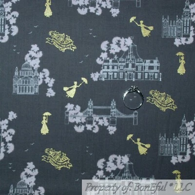 BonEFul Fabric FQ Cotton Quilt Gray White Pink Flower Gold Metallic Mary Poppins - Image 1 of 4