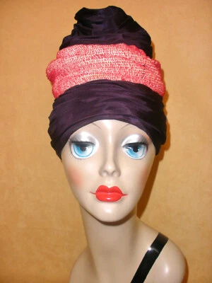 Sombrero turbante rayón azul índigo acanalado de 1940 con banda roja y blanca de Ken Blair Foto 1 de 4