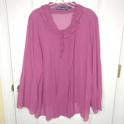 Susan Graver Style Womens Magenta Pink Ruffle Collar Sheer Chiffon Blouse 2X - Image 1 of 4