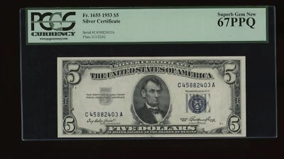 DBR $5 1953 Silver Fr. 1655 CA Block Superb Gem PCGS 67 PPQ Serial C45882403A - Image 1 of 2