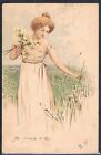 E023 ART NOUVEAU FEMME cueillant des FLEURS LADY picking FLOWER Belle LITHO 1905