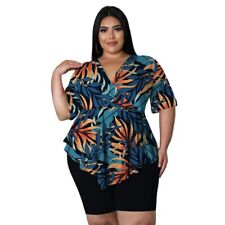 Women's Printed Sexy Clothing Plus Size V-neck Top Shorts Set Summer Two-piece