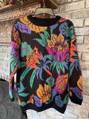Vtg 1990s Esprit Sweater Sport Black Bold Graphic Floral Print Med Nice - Image 1 of 4