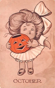 um 1910? Mädchen mit Jack O' Lantern Halloween Postkarte - Bild 1 von 2
