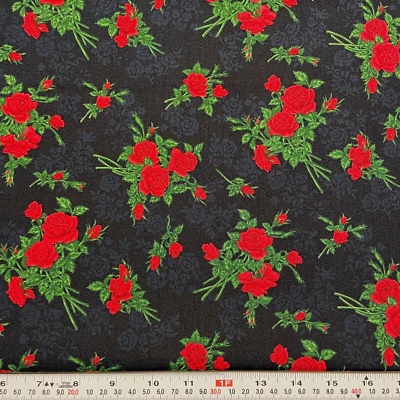 Rose Garden by Fabri-Quilt Florals on Blue/Black Cotton Fabric by the HALF YARD - Image 1 of 2