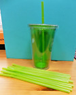 Reusable Cold Cup With Screw Lid & Bendy Straws Green Hard Plastic Tumbler