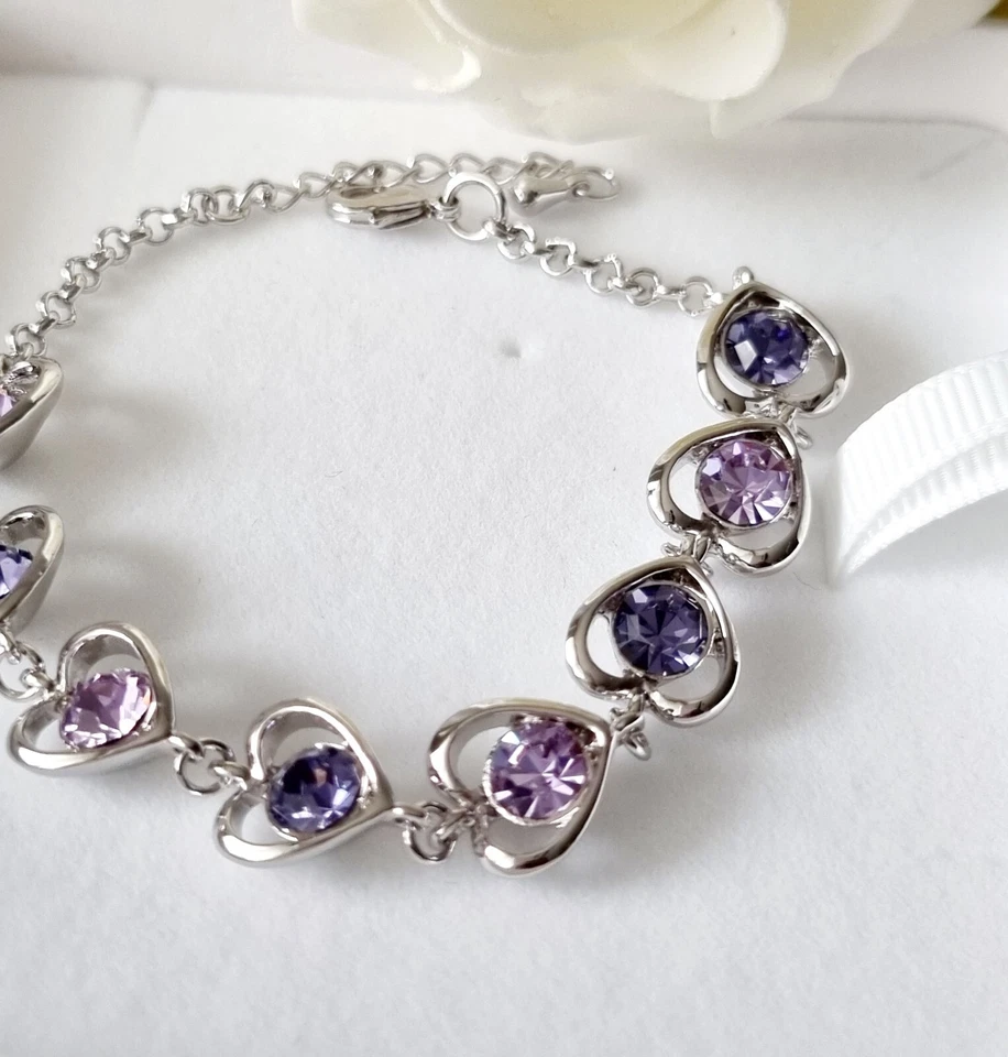Swarovski  Element Purple Heart Shaped Crystal Rhodium Plated Women Bracelet - Image 1 of 4