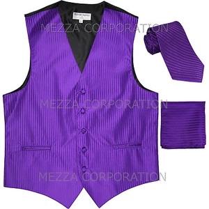 New Men's Tuxedo Vest Vertical Stripes Necktie Hankie set prom Purple formal - Picture 1 of 4